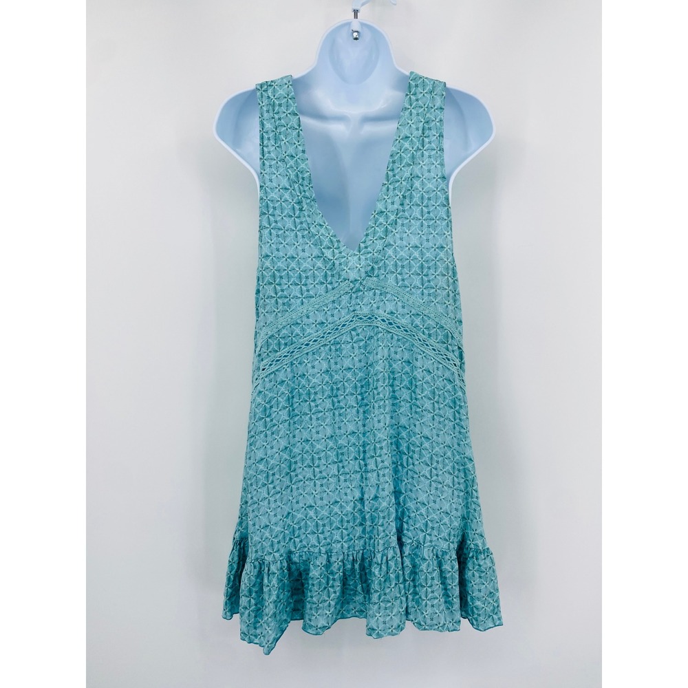 Free People Mini Dress Women Large Teal Lace Trim Ruffle Hem Intimately - Picture 4 of 7